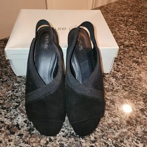 Nurture‎ Giannis Black Suede Slingback Peep Toe Sandals 7.5 Block Heel Comfort